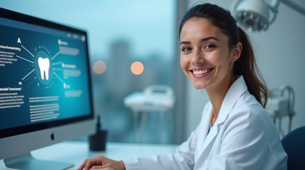 Flux Dev A modern dental professional sitting in front of a co 0